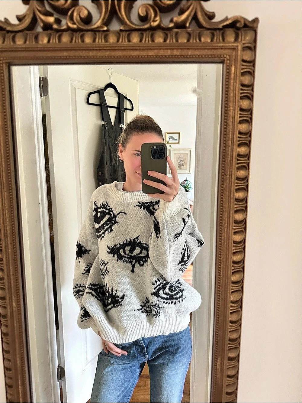 Eye-Pattern Crewneck Sweater, White & Black